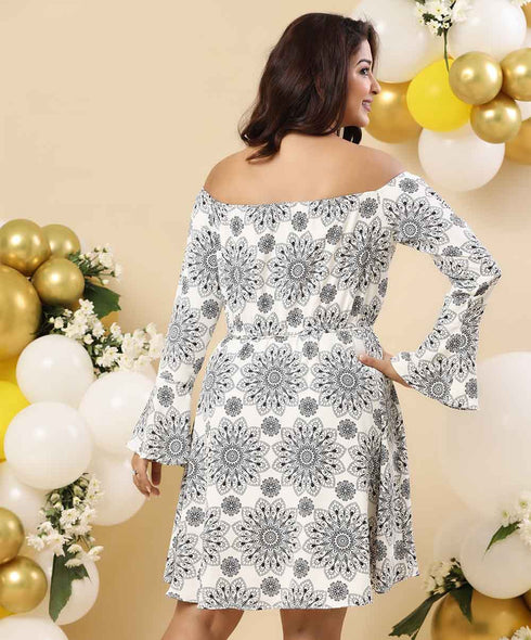 Off Shoulder Black & White Printed Dress