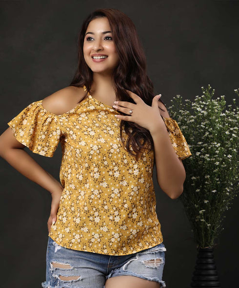 Floral Print Cold Shoulder Mustard Blouse