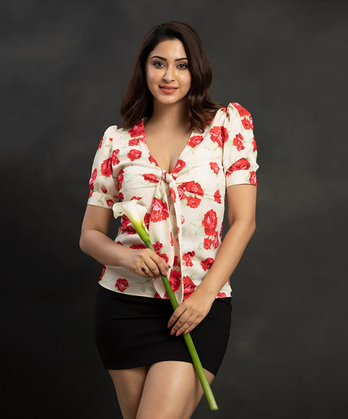 Front Bow Printed Vneck Gathered Top