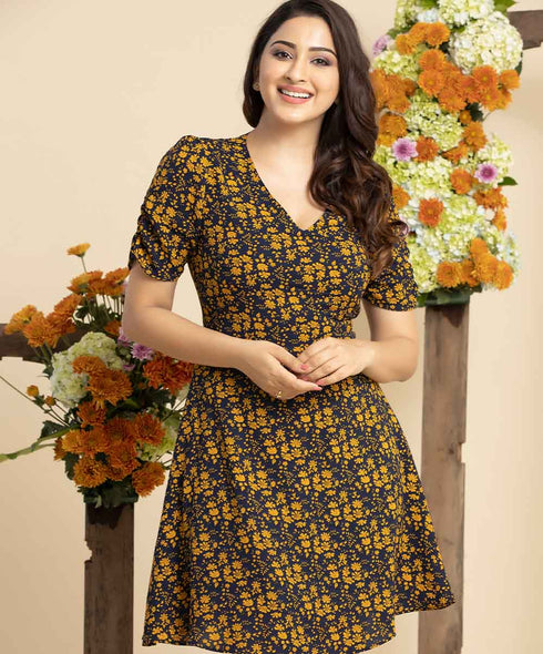 Allover Floral Print Puff Sleeve Dress