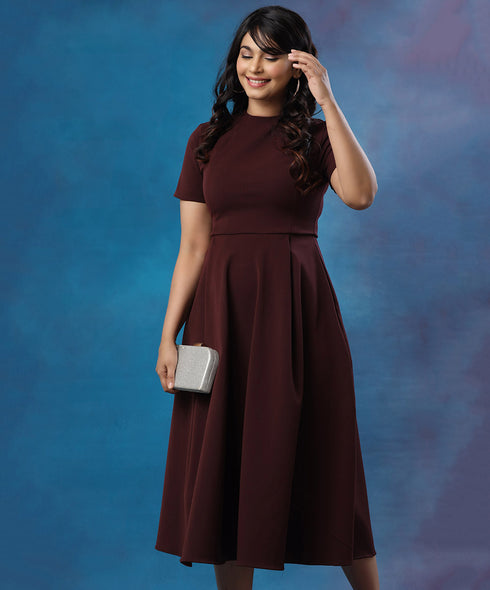 High Neck Short Sleeve Maroon Dress