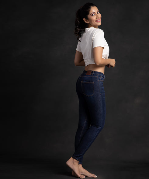 Mid Waist Dark Blue Jean With Whisker Effect