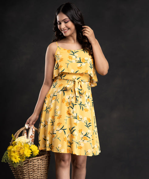 Yellow Frilled Mini Printed Dress