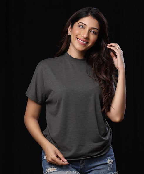 Side Gathered Crew Neck Gray T-shirt