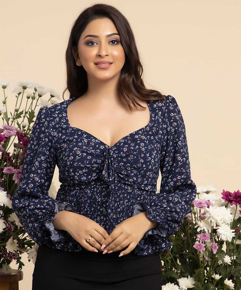 Straight Vneck Printed Long Sleeve Top