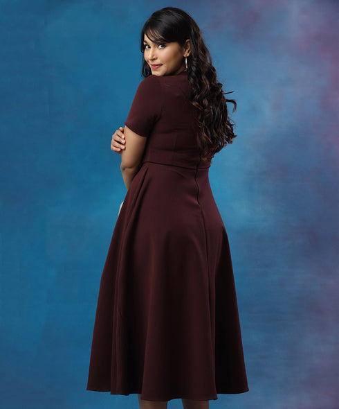 High Neck Short Sleeve Maroon Dress