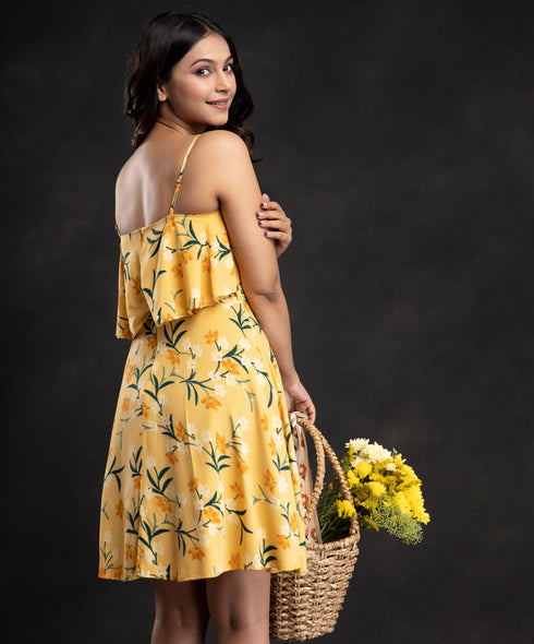 Yellow Frilled Mini Printed Dress