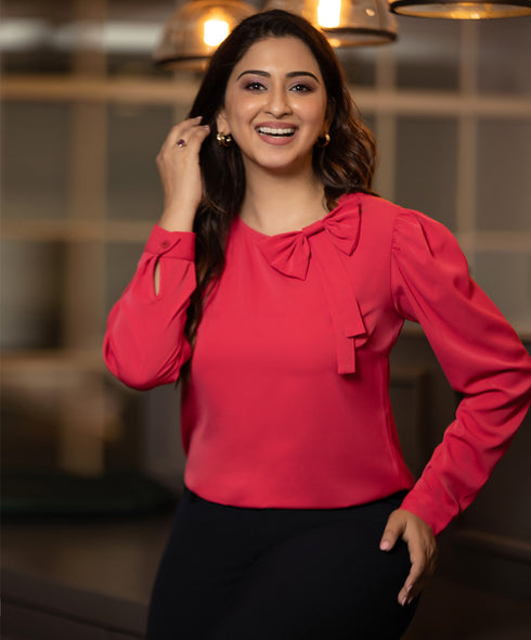 Hot Pink Neck Side Bow Long Sleeve Top