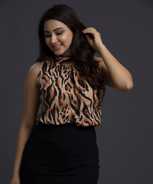 Natural Leopard Print Sleeveless Chiffon Top