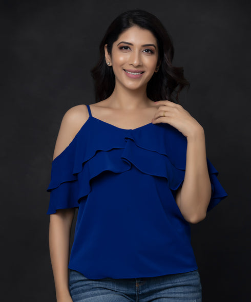 Double Frilled Chiffon Royal-Blue Top