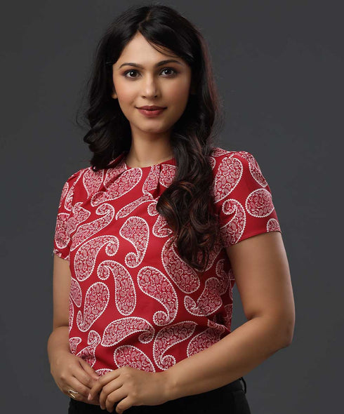 Neck Pleated Half Sleeve Printed Top