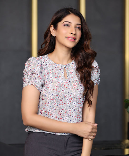 Keyhole Neck Puff Sleeve Green Top