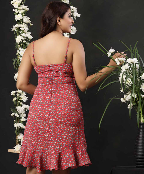 Vneck Frilled Micro Printed Strappy Dress