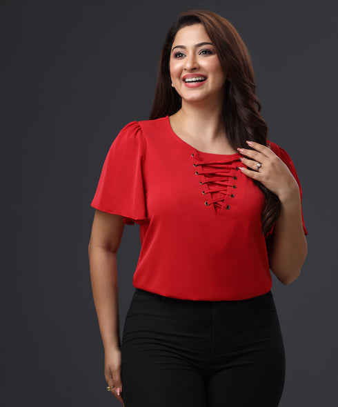 Front Criss Cross Chiffon Red Top