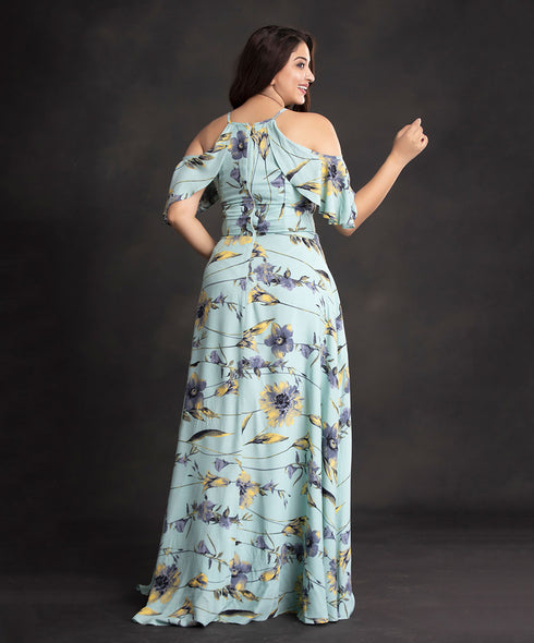 Blue Wind floral Cold Shoulder Maxi