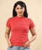 Mock-Neck Rib-Knit Fitted Red Tshirt