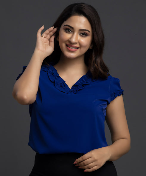 Royal Blue Vneck Hem Frilled Chiffon Top
