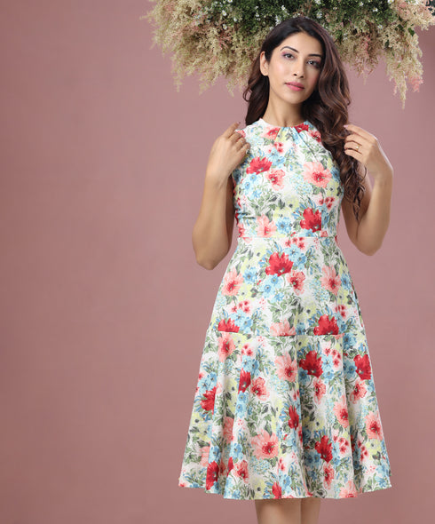 Floral Printed Neck Gathered Dress