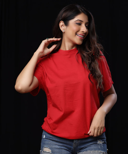 Side Gathered Crew Neck Red T-shirt