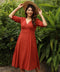 Vneck Puffed Half Sleeve Linen Dress