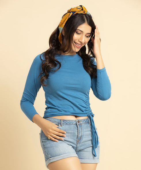 Blue Drawstring Hem Rib Knit Top