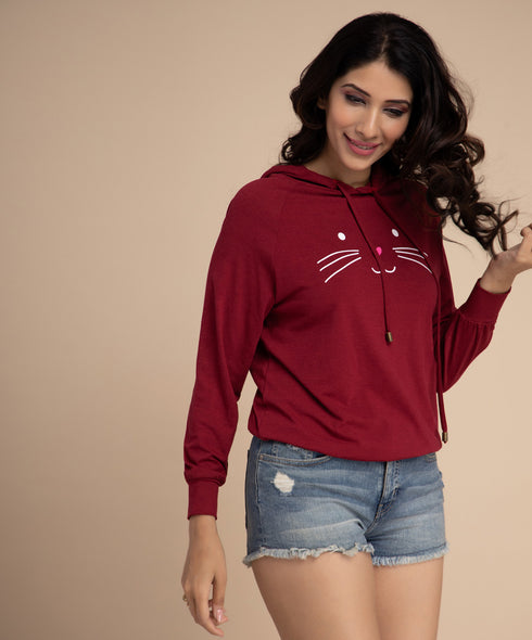 Maroon Line Cat Face Hoodie