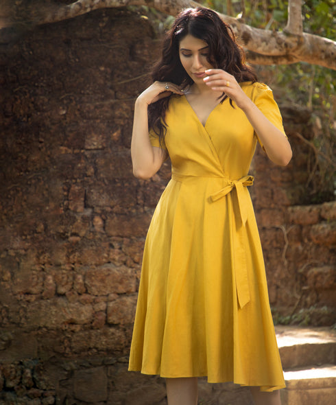 Mustard Vneck Waist Tie Linen Dress