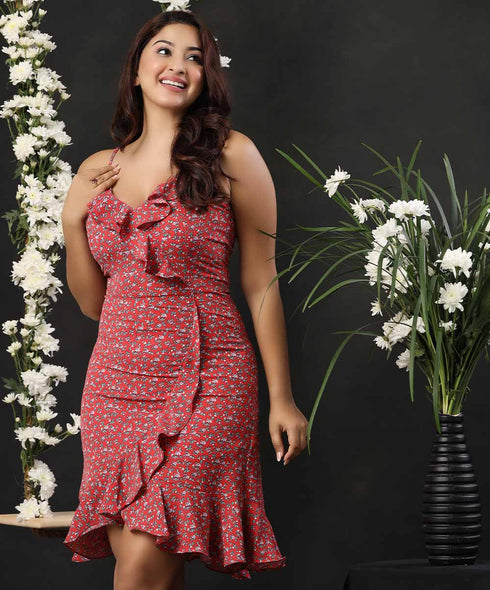 Vneck Frilled Micro Printed Strappy Dress