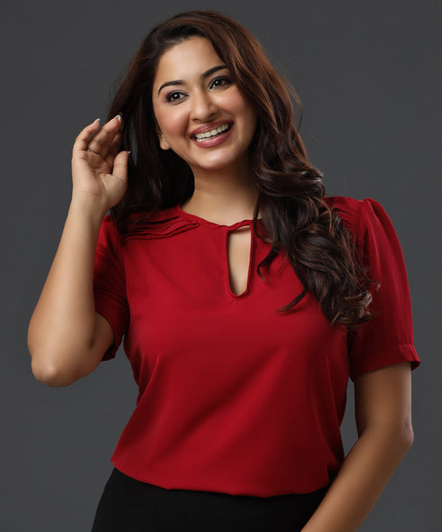 Shoulder Pleat Detailed Red Chiffon Top