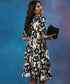 Half Sleeve Printed Gathered Black Dress