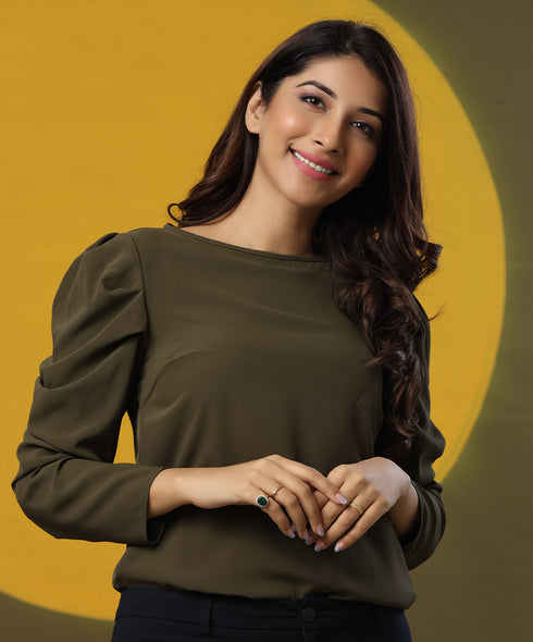 Green Long Sleeve Detailed Chiffon Top