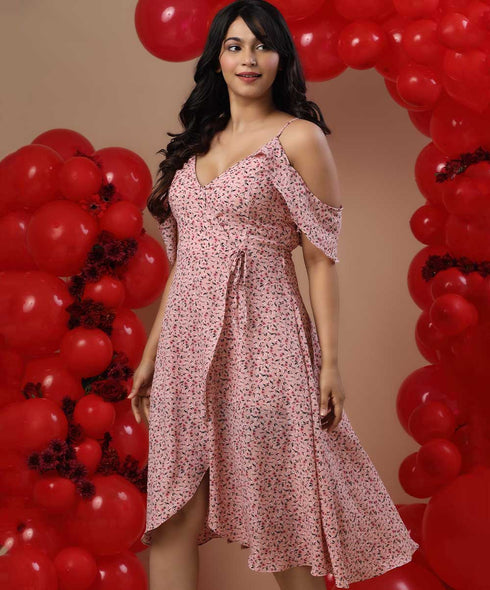 Cold Shoulder Frilled Strappy Printed Dress