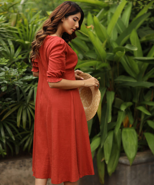 Vneck Puffed Half Sleeve Linen Dress
