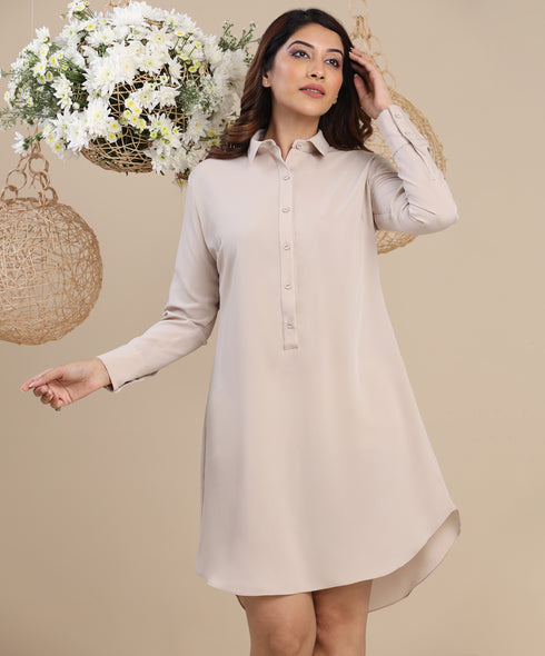 Beige Color Loose Fitted Shirt Dress