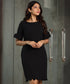 Scalloped Sleeve Frilled Shift Black Dress