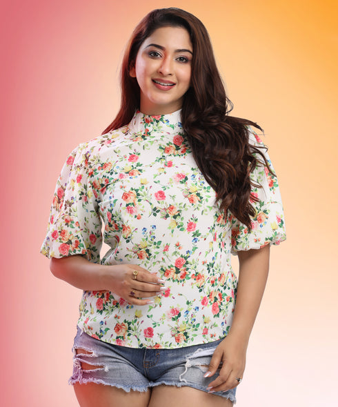 Balloon Sleeve Floral White Top