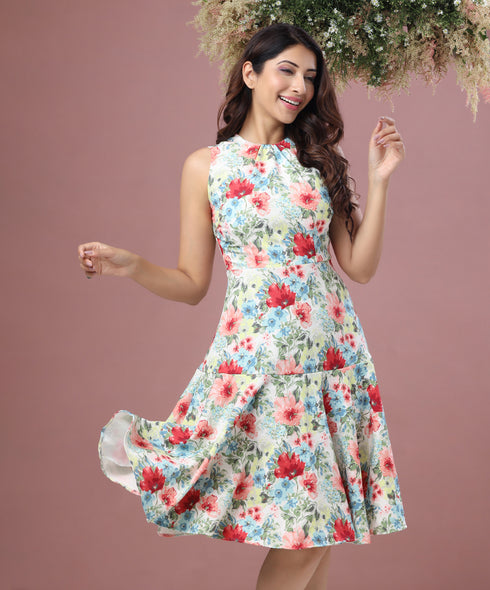 Floral Printed Neck Gathered Dress