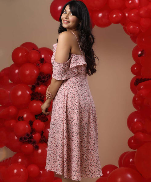 Cold Shoulder Frilled Strappy Printed Dress