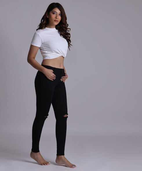 Mid Waist Ripped Black Jean