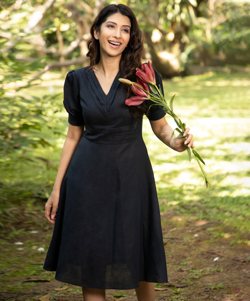 Blue Vneck Puffed Sleeve Linen Dress