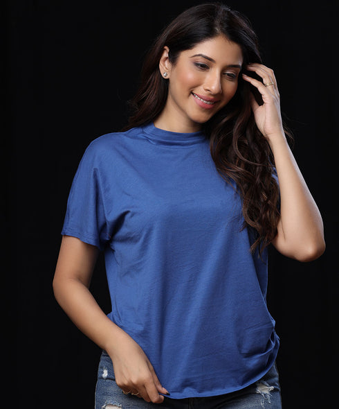 Side Gathered Crew Neck Blue T-shirt