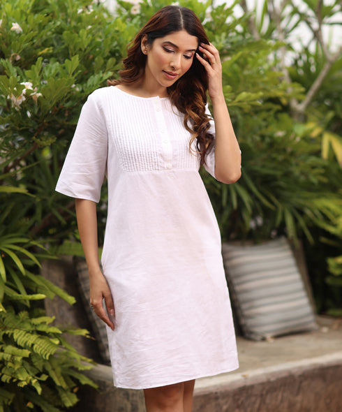 Pintuck Linen Shift White Dress