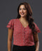 Print Button Layered Sleeve Red Blouse