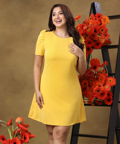Sleeve Detailed Mini Yellow Dress
