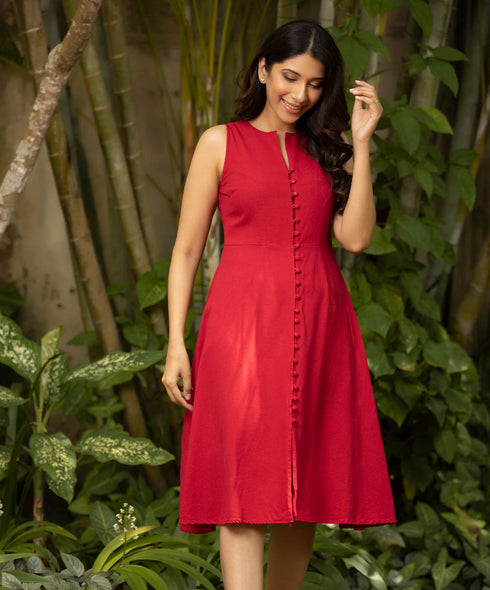 Front Buttoned Linen Midi Dress