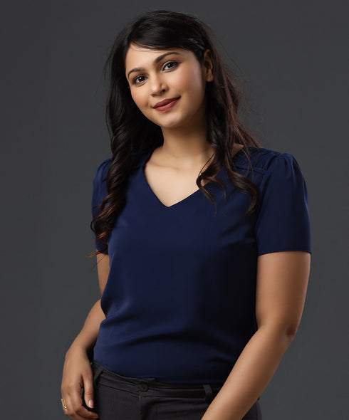 Shoulder Detailed Navy Blue Chiffon Top