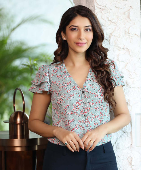 Printed Buttoned Layered Sleeve Green Blouse