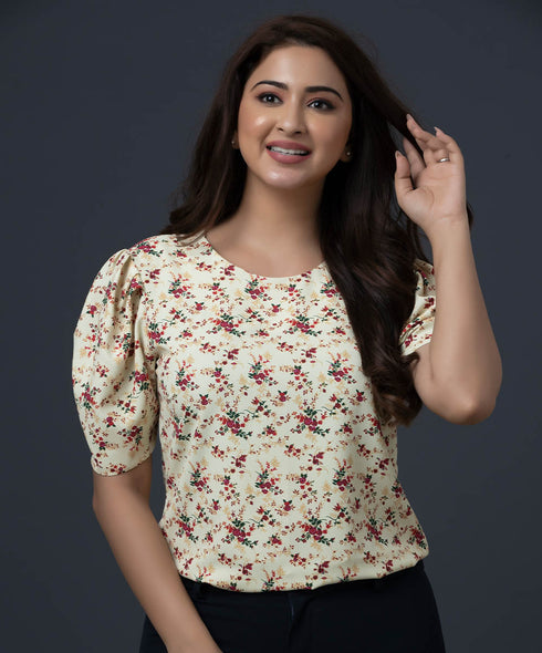 Ditsy Red Rose Floral Puff Sleeve Top