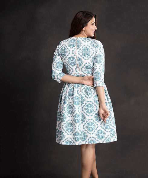 Green Printed Pleated Scuba Dress