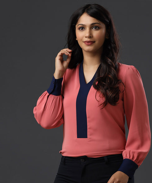 Contrast Long Sleeve Pink Chiffon Shirt